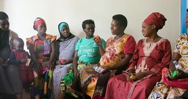 Women discussing nutrition at a group antenatal care session in Kigali, Rwanda. Photo credit: Nicholas Berger, Pinecone Pictures, 2016