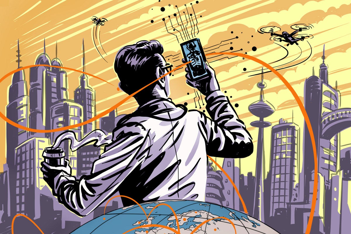 Comic book style illustration with globe in forground, modern urban city in background. Orange lines spring from dots around the globe and into the air. A mecial professional stands behind the globe, back turned, holding a coffee in one hand, looking at a phone in the other at unspecified health information. Drones and helicopters fly in the sky. City is drawn in light purple, sky is orange and yellow.