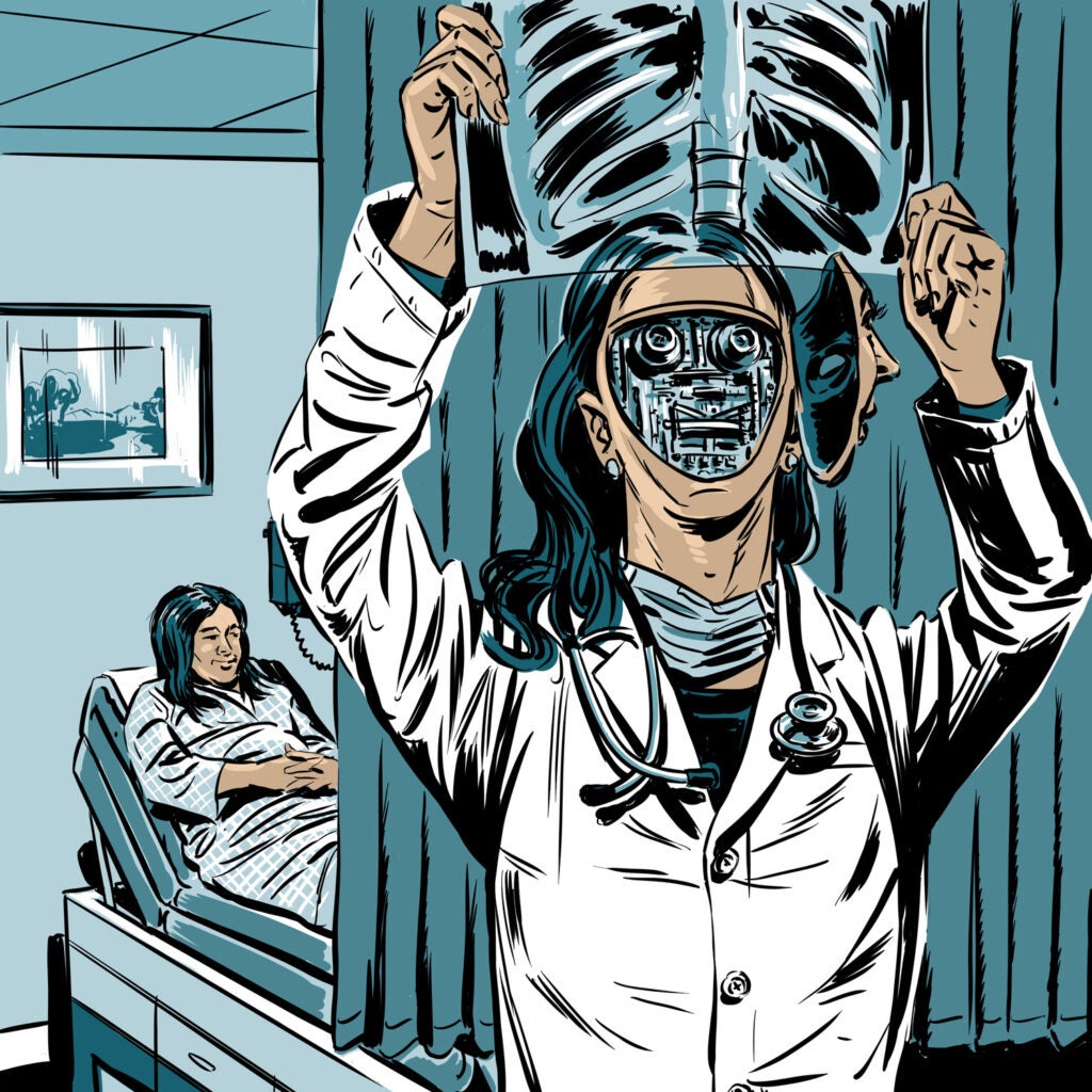Comic book-style illustration: A female doctor looks at an X-Ray. Her face is opened to reveal that she is a robot. A patient lies in a hosptail bed in the background. Colors are shades of teal blue, black and white.