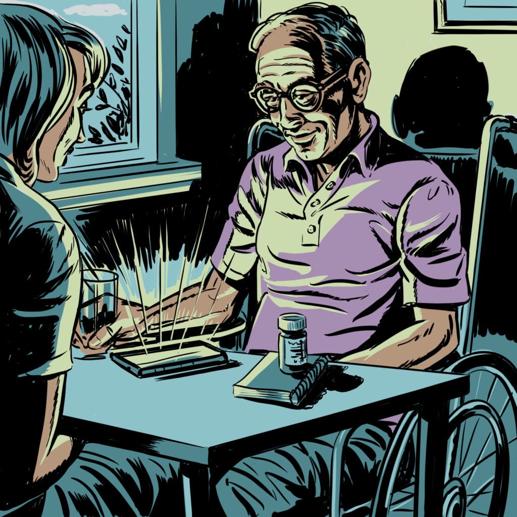 Comic book-style illustration: Eldery man in a wheelchair sits at table looking at a glowing tablet with a notebook and bottle of pills on the other side. A female figure sits across from him. Illustration is shades of teal, lime green and light purple.