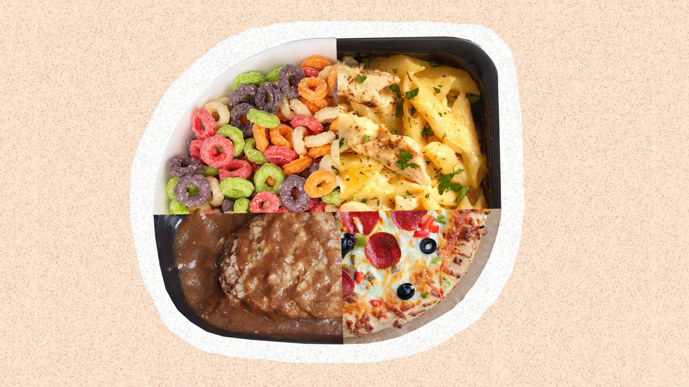Photo illustration: A circle is divided into quarters of four types of processed food. From top left: fruit loop cereal, microwave pasta bake with chicken, frozen supreme pizza, microwave meat with gravy. The image is against a peach-speckled background.