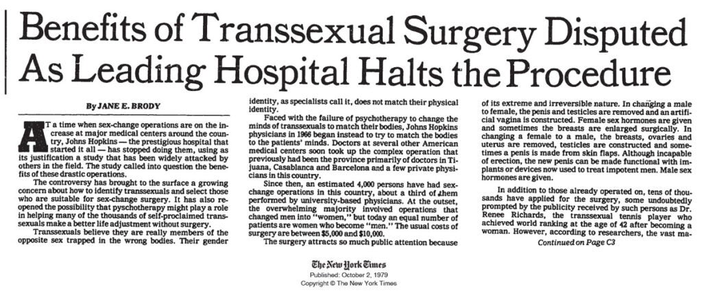 Clipping from the New York Times, October 2, 1979. Headline reads: Benefits of Transsexual Surgery Disputed as leading hospital halts the procedure.
