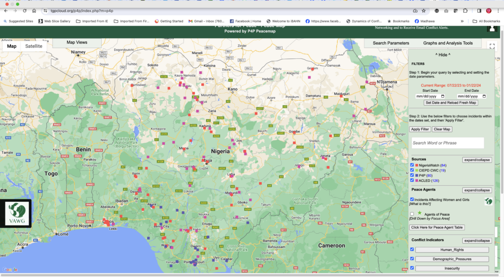 A web map zoomed in to Nigeria, red dots throughout the map represent conflict events.