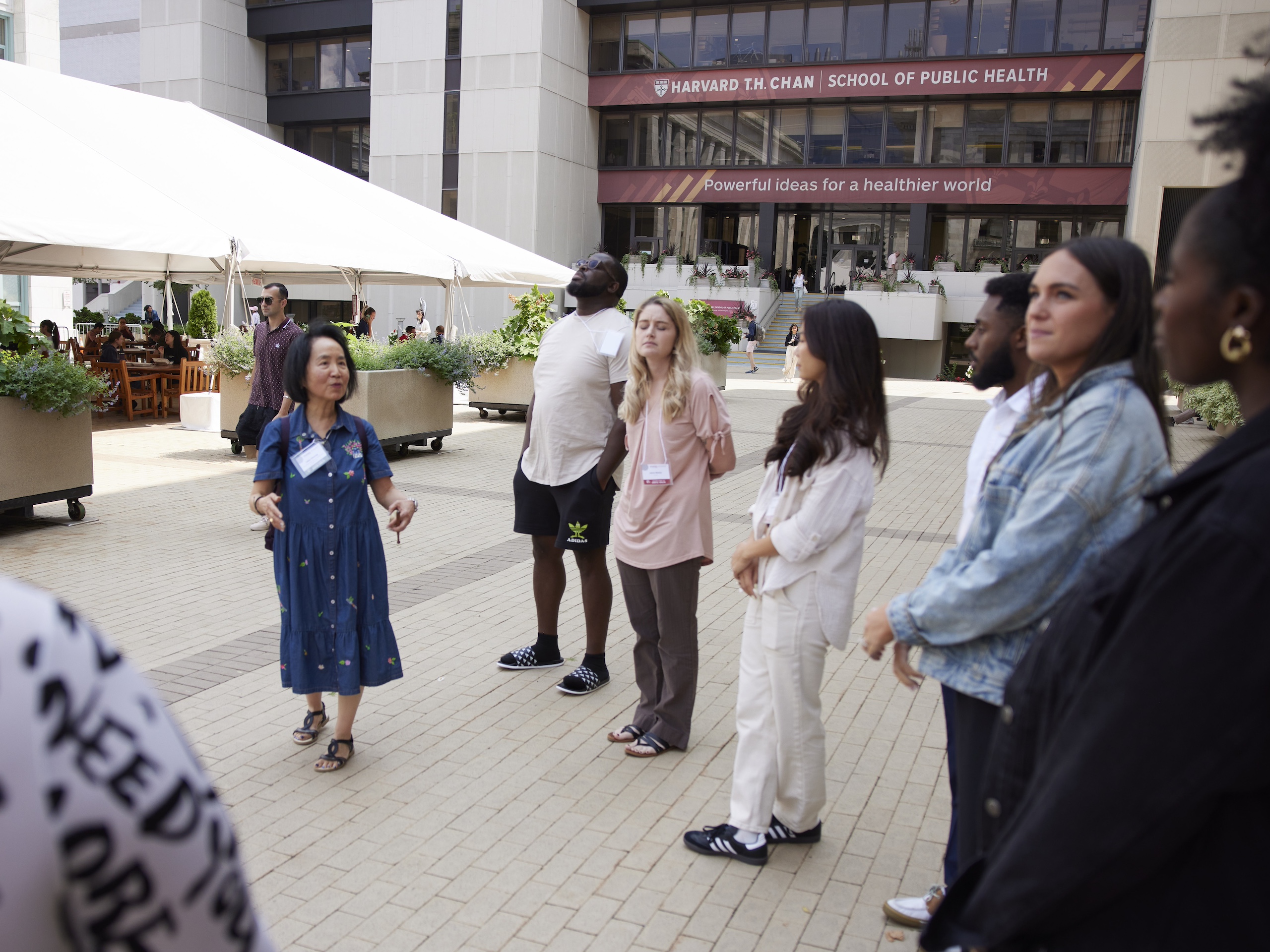 Lilian Cheung leads a group of guests on a mindful walk in Kresge courtyard