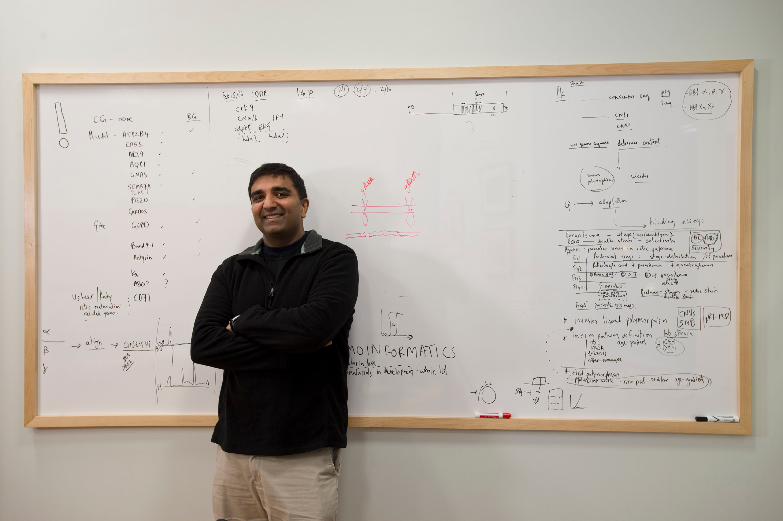 Manoj Duraisingh next to a white board in his office at the Chan School