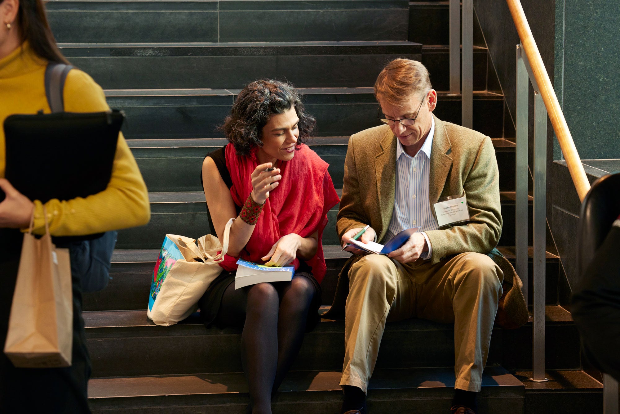 Two faculty members talk on the steps of a building