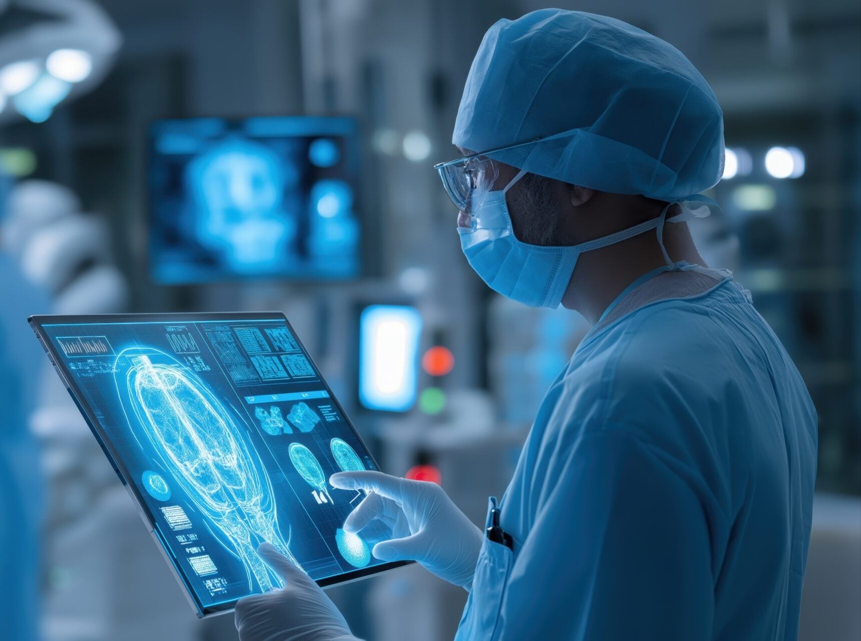 Surgeon analyzing medical data on tablet