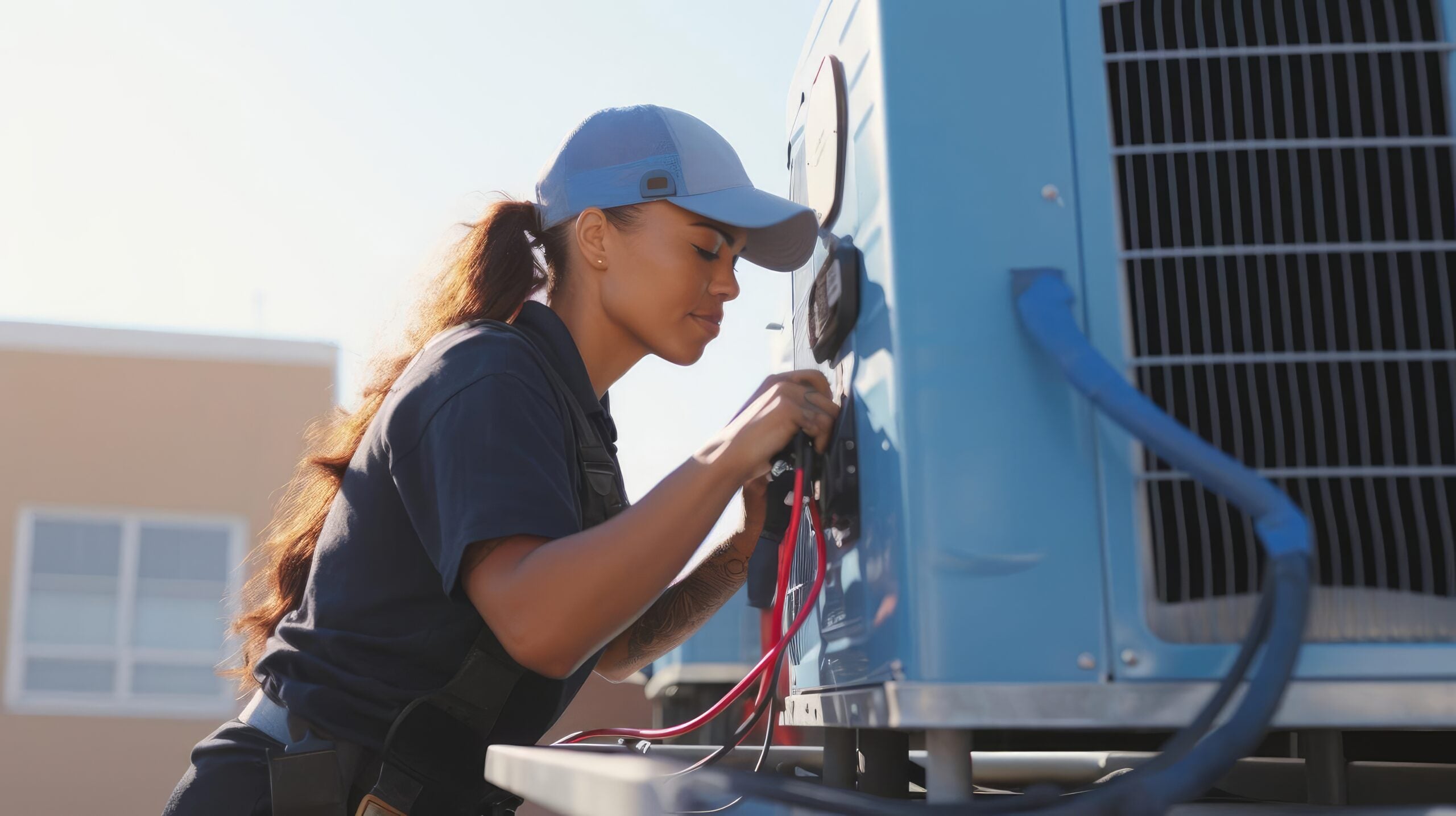 Young woman technician working on air conditioning outdoor unit. Female HVAC worker professional occupation