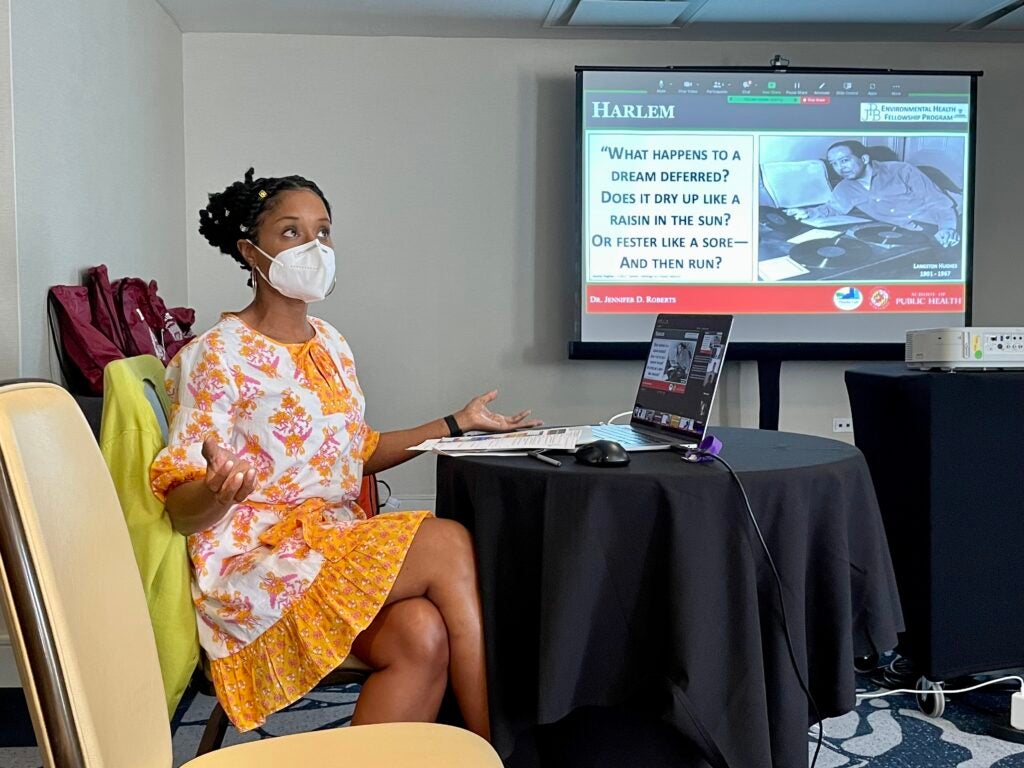 A Fellow presenting their research at a workshop, speaking to an audience.