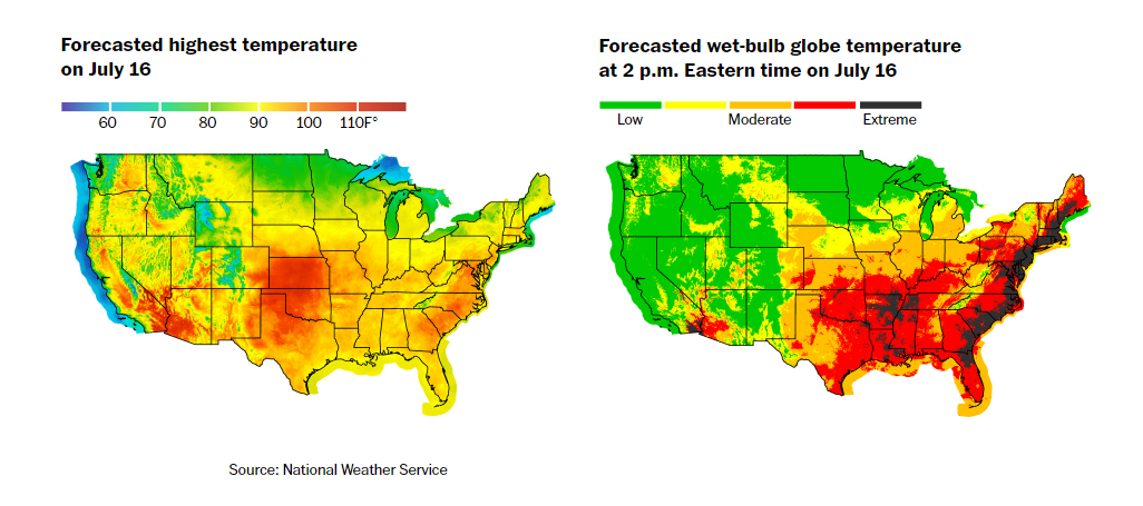 Two maps showing the differences between forecasted temperature across the US on July 16,2024, versus forecasted we-bulb temperature on July 16, 2024. The map showing the wet-bulb temperatures show that the East coast had very extreme temperatures, despite this data not being indicated in the normal temperature forecast.