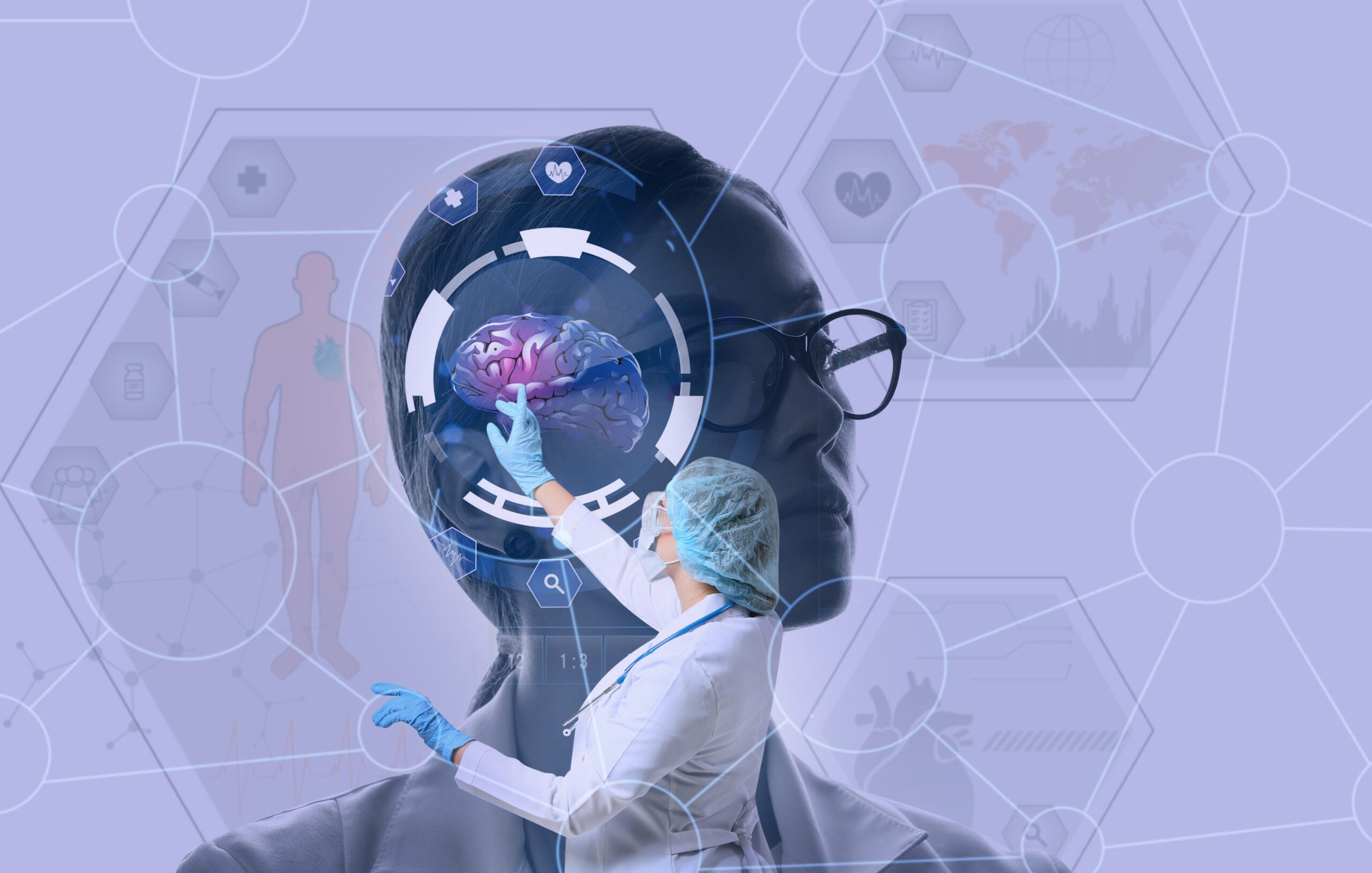 Doctor pointing to an image of a brain surrounded by holographic medical imagery