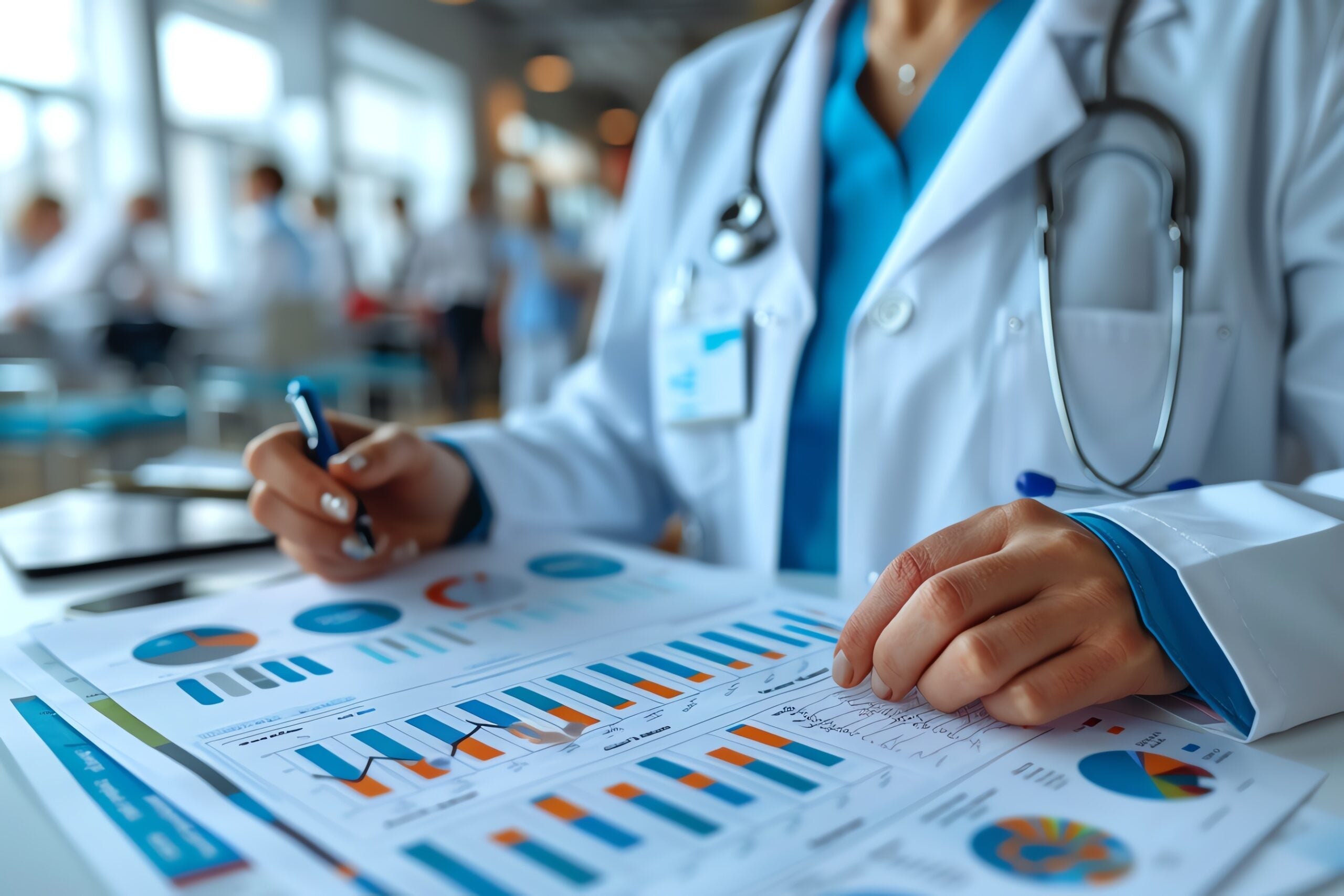 Close-up image of documents containing charts on a table, with a clinician in scrubs in the background