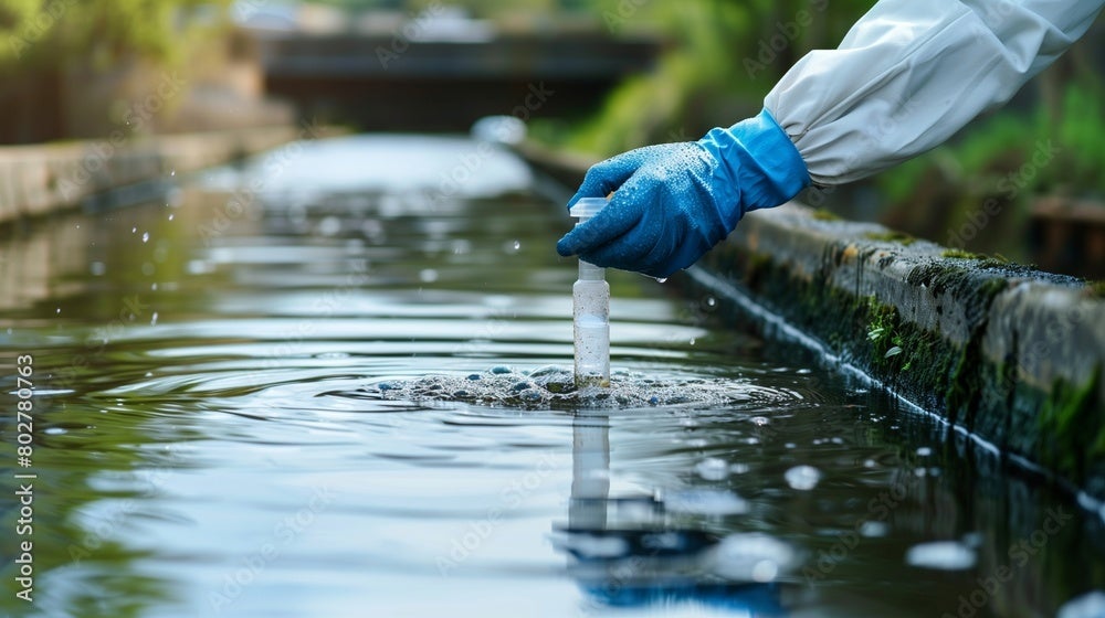 A scientist taking a sample from a reservoir of water