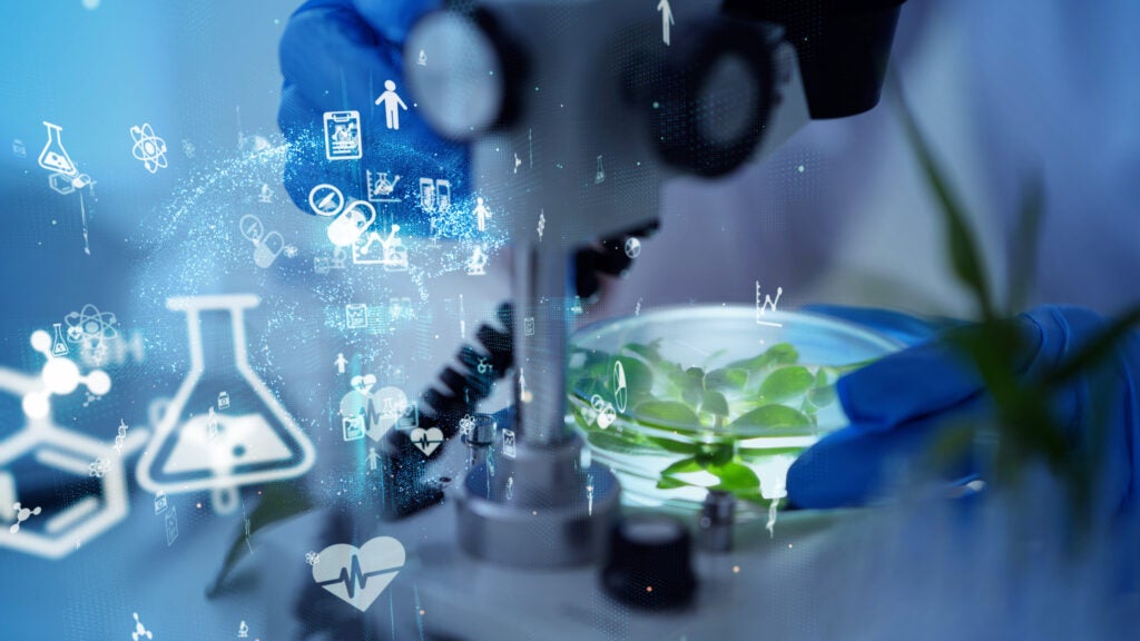 Scientist wearing blue gloves examines plant samples under a microscope, surrounded by digital icons representing scientific research and healthcare.