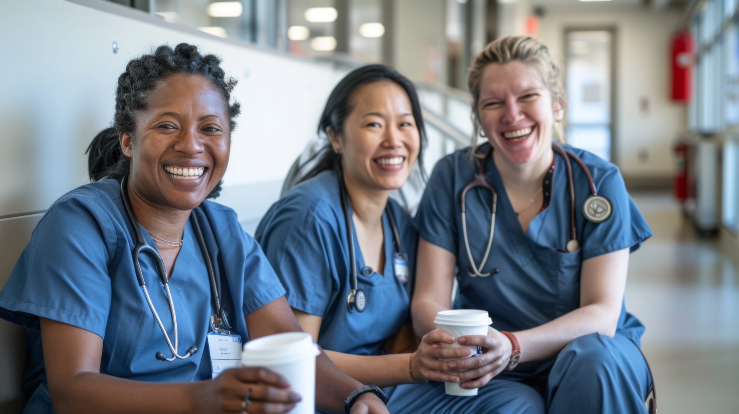 Three healthcare professionals wearing scrubs and stethoscopes sit together, smiling and holding coffee cups in a bright, modern hallway.