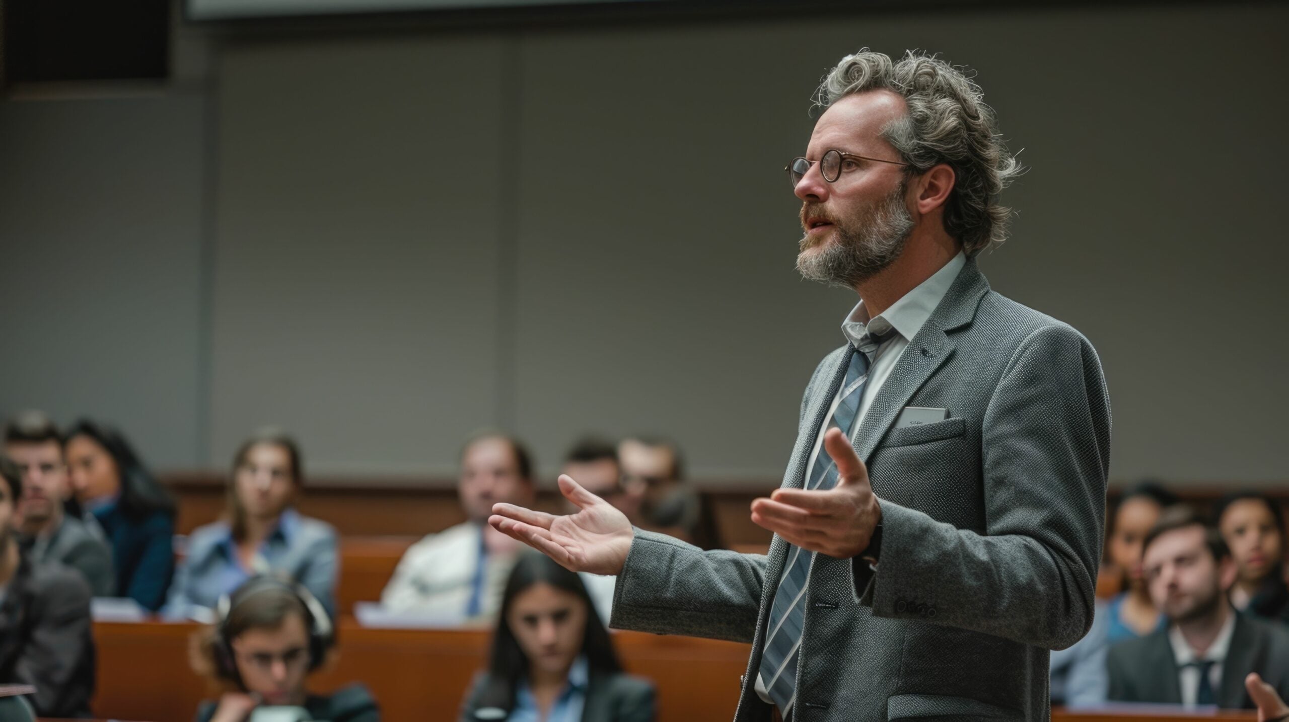 Man with glasses and a beard, dressed in a suit, speaks to an audience in a lecture hall filled with attentive listeners.