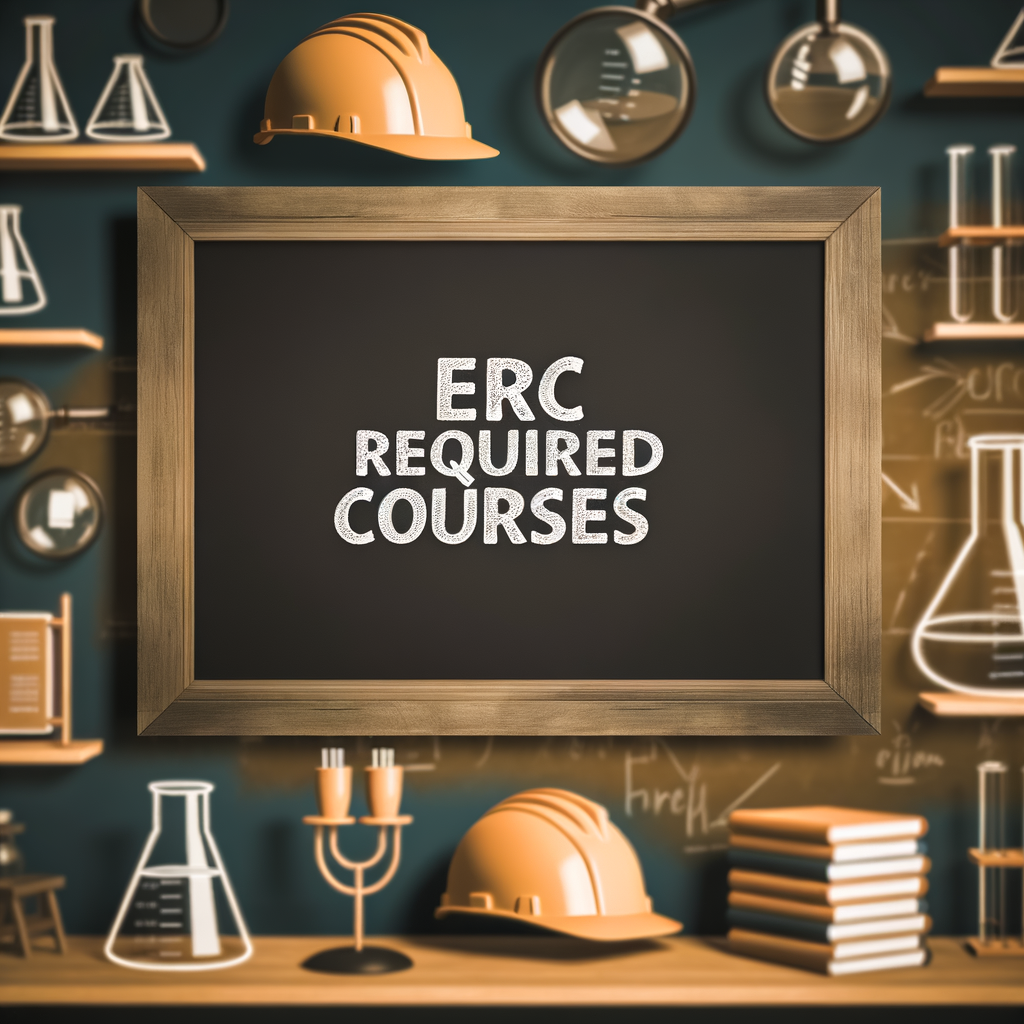 The image shows a blackboard with the text "ERC Required Courses" written on it in clear, bold letters. The setting emphasizes occupational safety and health research, featuring items such as safety helmets, laboratory glassware, books, and scientific equipment around the blackboard. The overall theme highlights the integration of safety practices into educational and research activities.