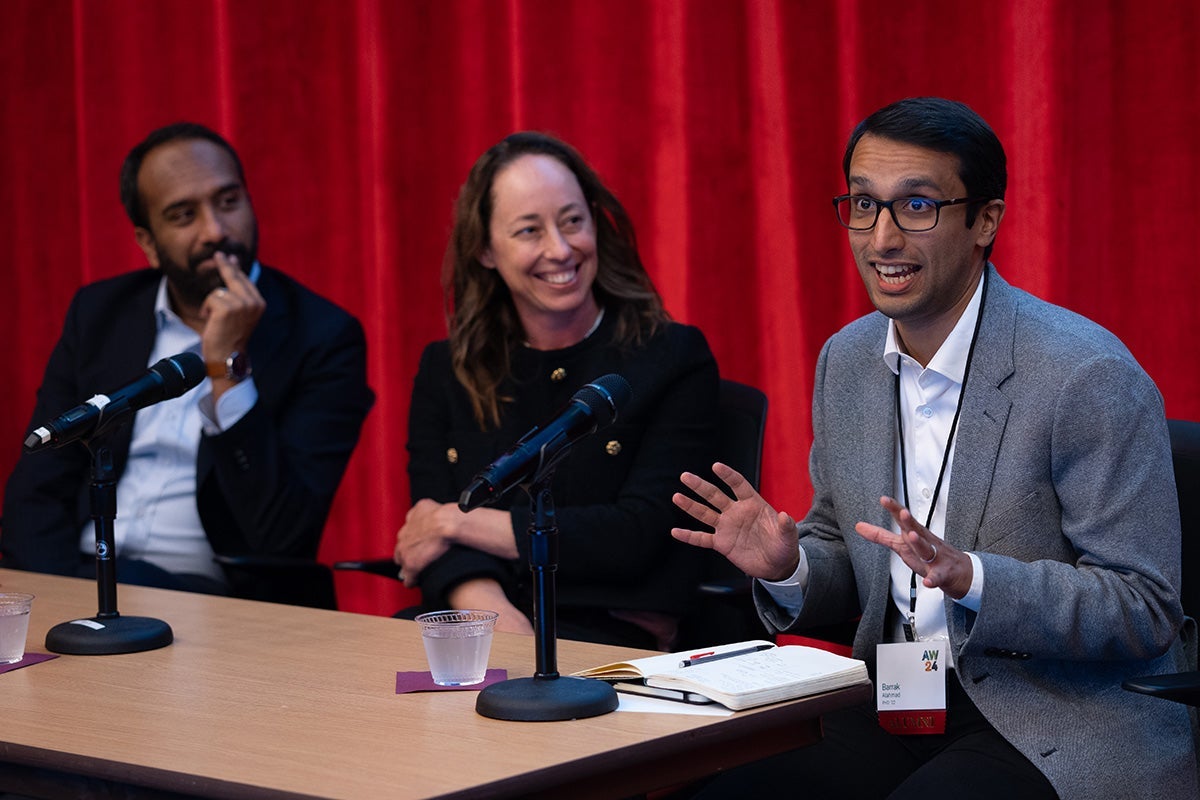 From left: Gaurab Basu, Lindsey Burghardt, and Barrak Alahmad at panel on the health impacts of extreme heat.