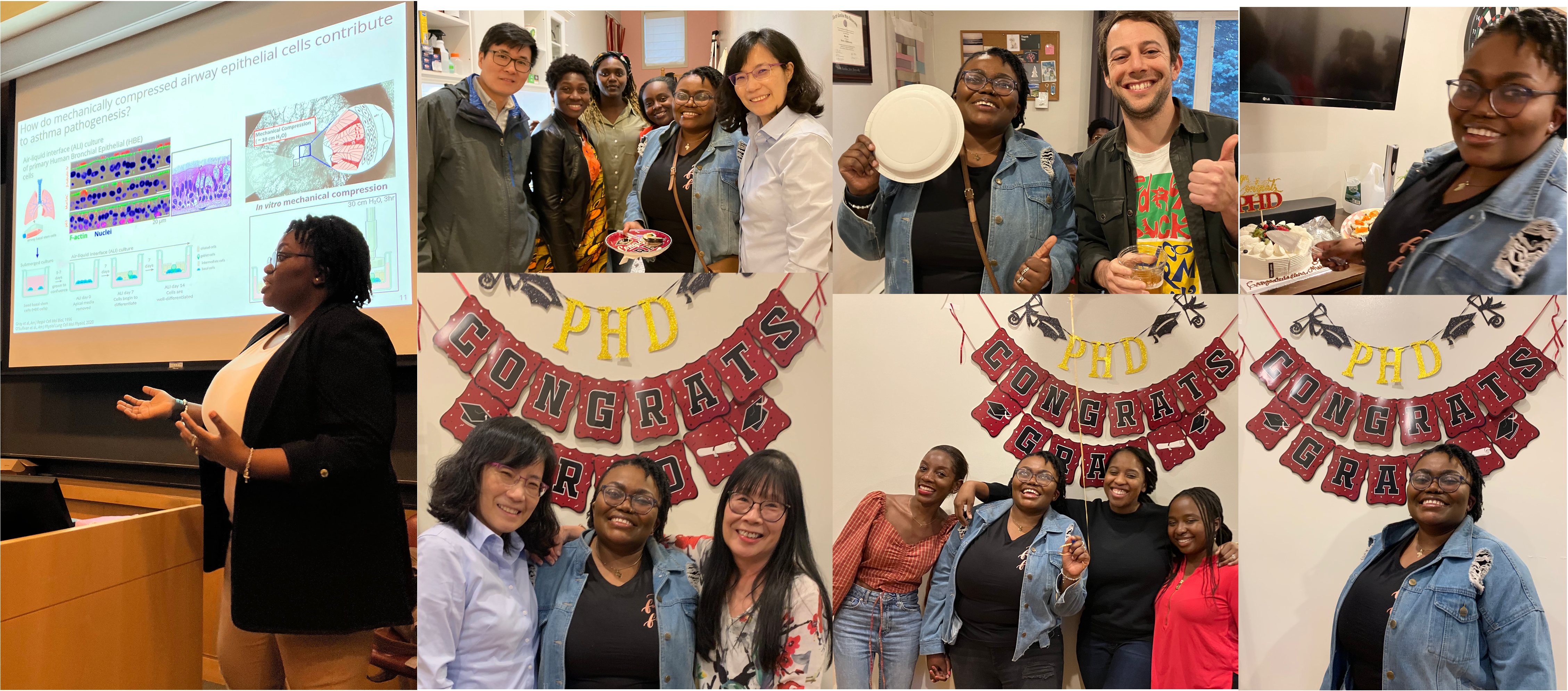 A collage of photos from Chim's thesis defense and a small party with the lab team.