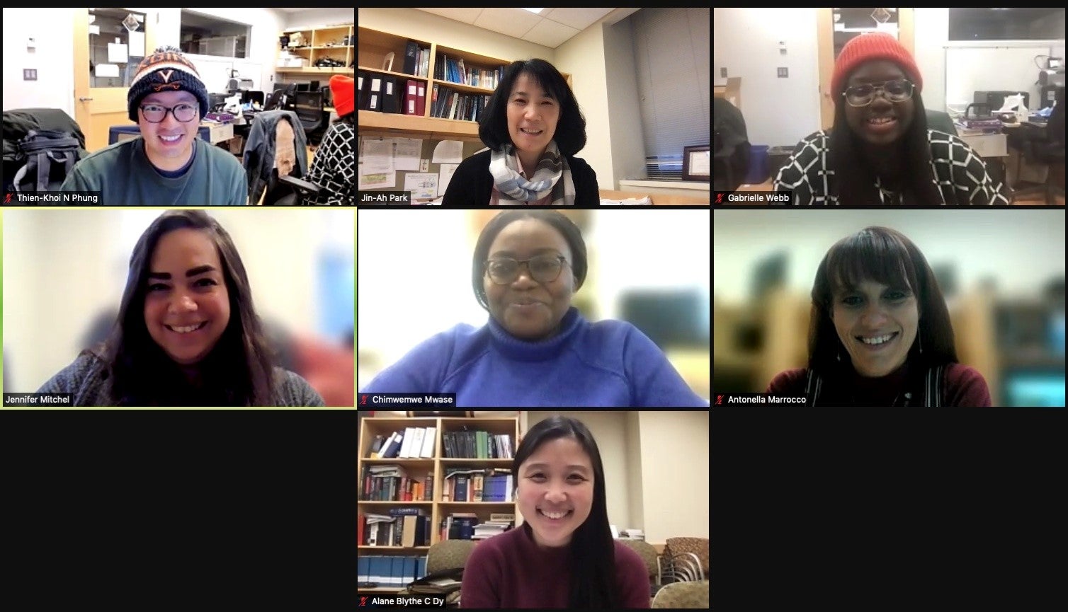 A screenshot of a Zoom meeting with 8 people in different locations.