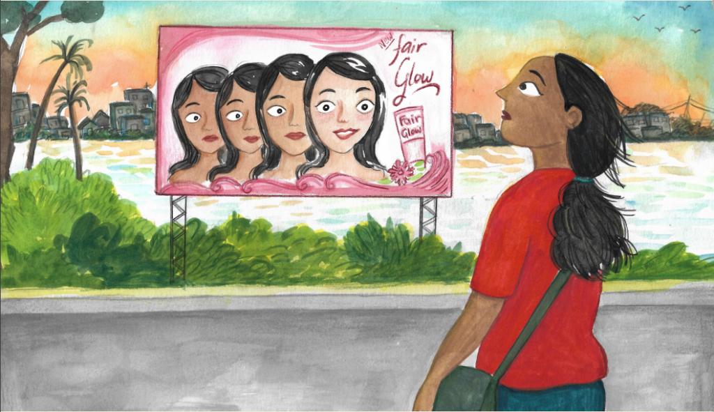 llustration of a woman with dark skin looking at a billboard that shows a series of progressively lighter-skinned women, ending with a fair-skinned woman labeled with the product name 'Fair Glow.' The billboard implies that lighter skin is more desirable, with the woman observing it thoughtfully, suggesting commentary on beauty standards and colorism.