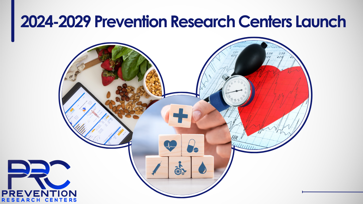 2024-2029 Prevention Research Centers Launch - CDC PRC Network. Three concentric circles showing healthy food, a blood pressure monitor, and building blocks of health.