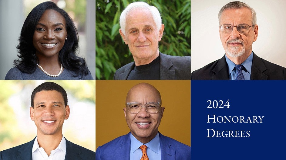 2024 honorary degree recipients. Top row: Kizzmekia Corbett, Zvi Galil, and Barney S. Graham. Bottom row: Robert Reffkin and Darren Walker.