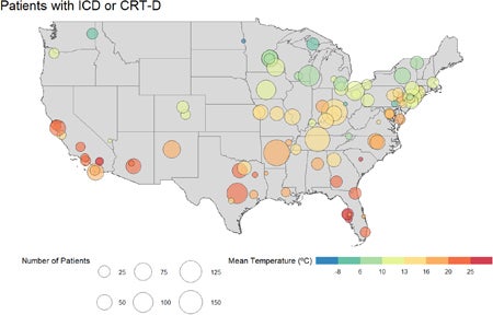 Map of the United States and the number of patients versus temperature in different locations.