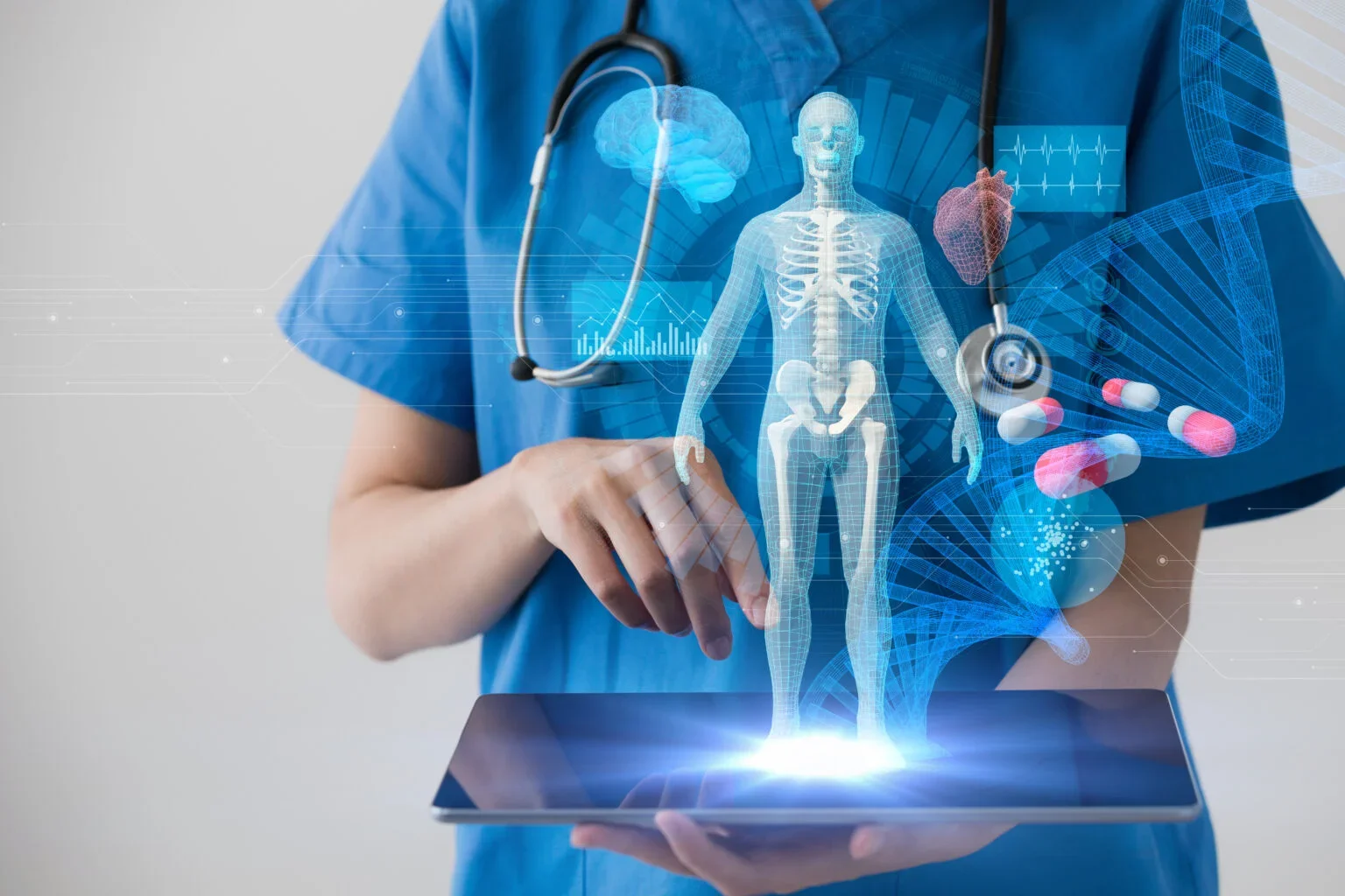 A health professional in hospital scrubs holding an iPad projecting holographic medical images