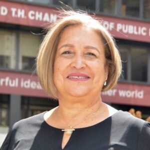 Annie Rodriguez, woman standing in front of Harvard Chan School