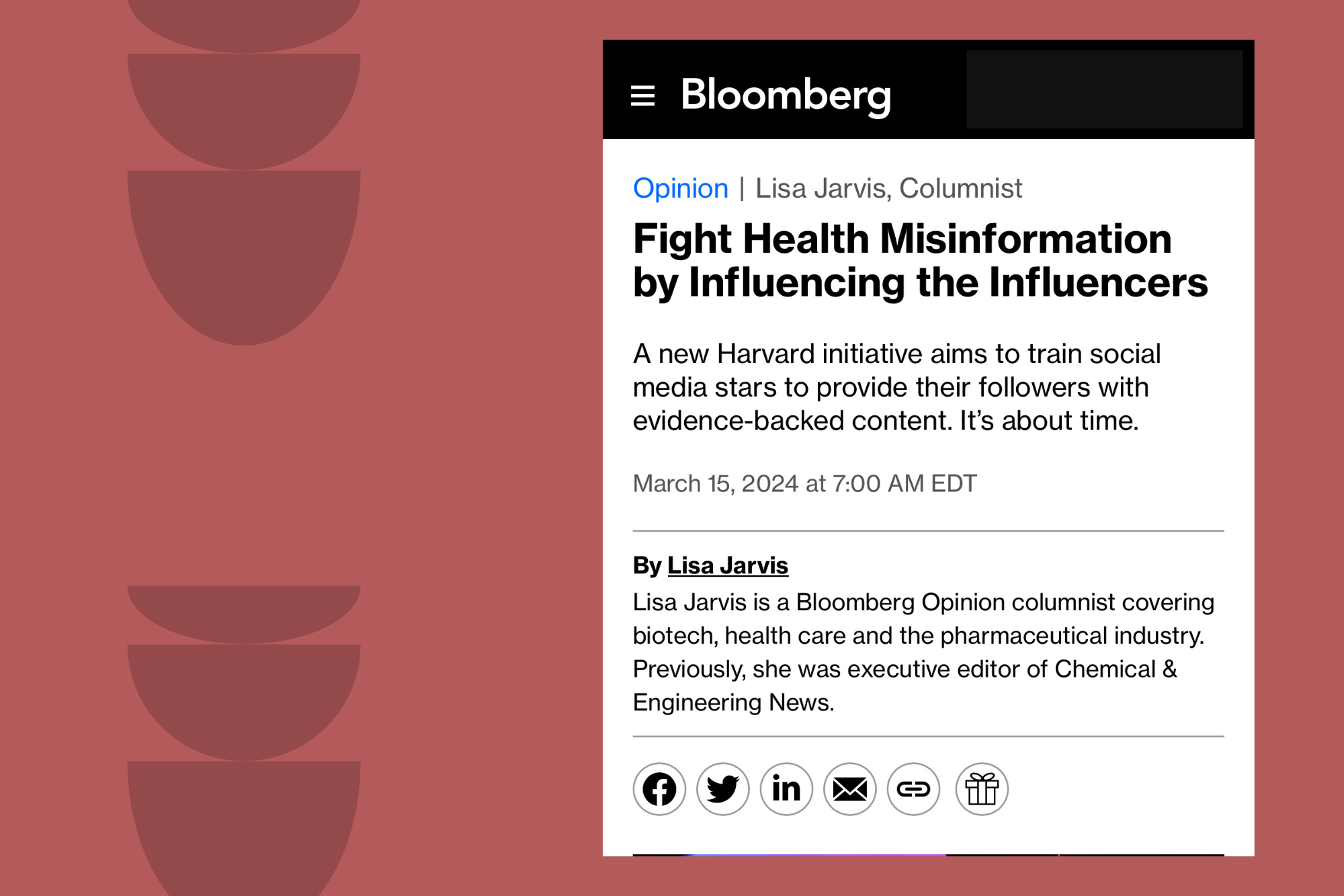 Headline in Bloomberg Opinion reading "Fight Misinformation by Influencing the Influencers"