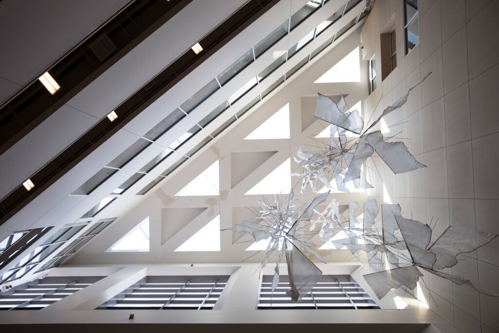 Decorative - view of the artwork hanging on the ceiling of the XF Building at theChan School of Public Health