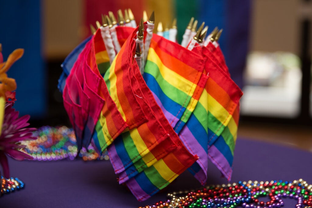 Little pride flags and other decorative LGTBQIA+ items on a table