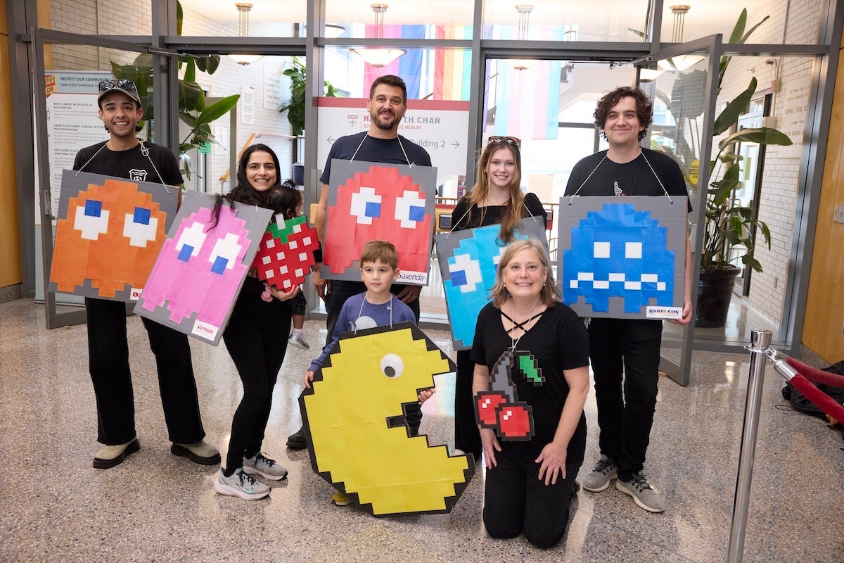 Students and faculty dressed up like Pac-Men for Halloween