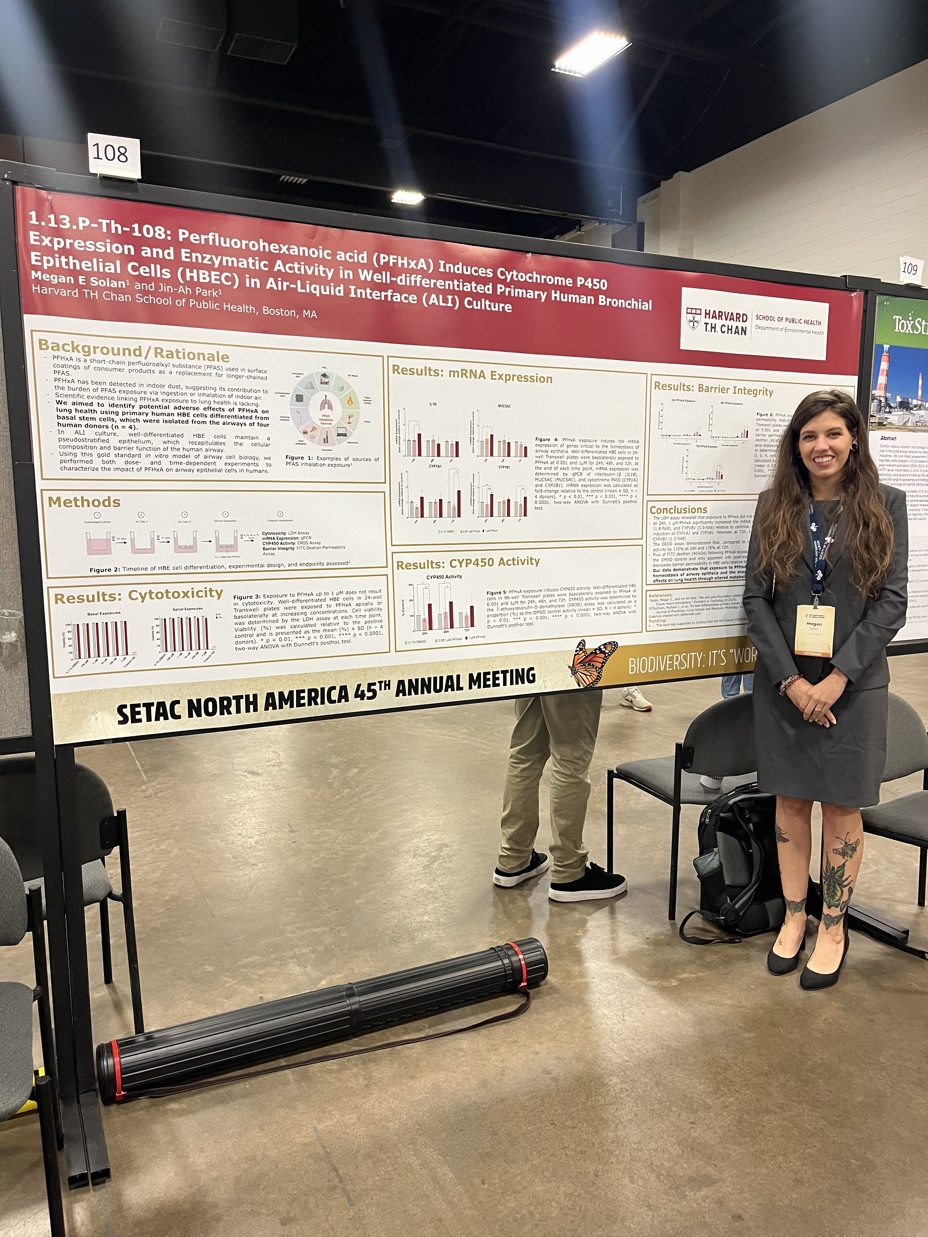 Dr. Megan Solan presented the poster entitled “Perfluorohexanoic acid (PFHxA) Induces Cytochrome P450 1A1 and 1B1 Expression and Enzymatic Activity in Primary Human Bronchial Epithelial Cells (HBEC) Cultured in Air-Liquid Interface (ALI)” at the 45th SETAC annual meeting.