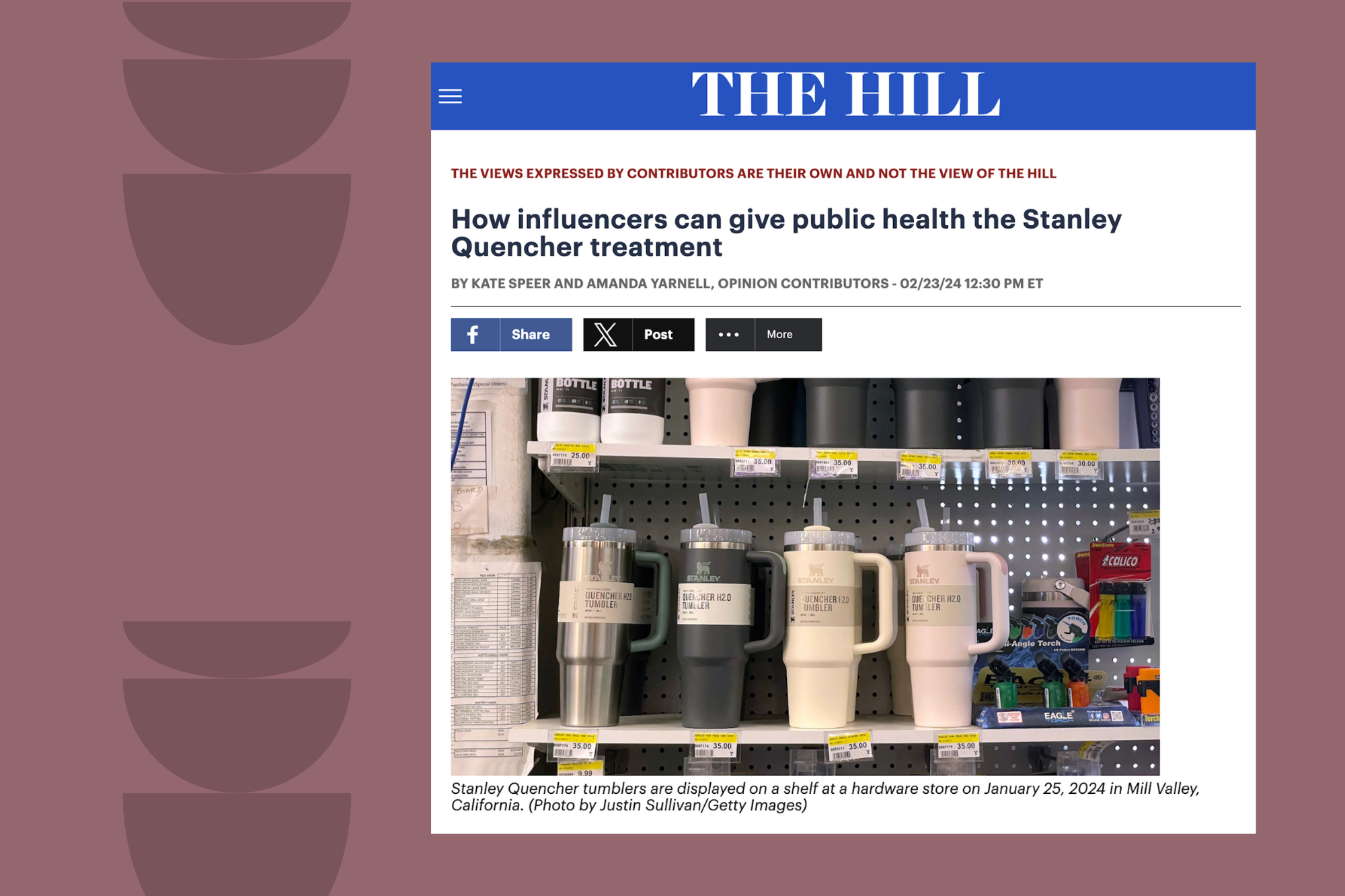 Headline in The Hill reading "How influencers can give public health the Stanley Quencher treatment"