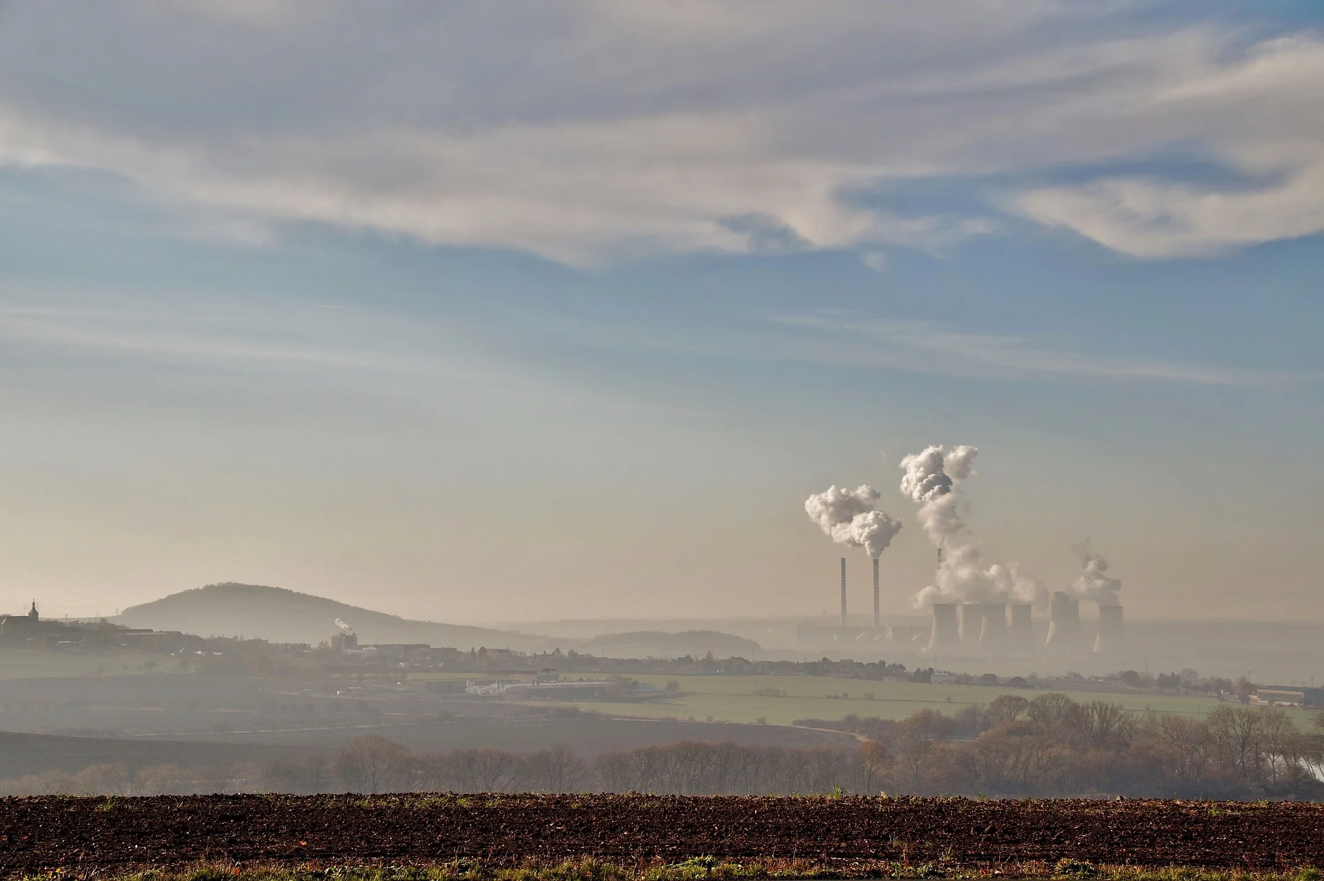 Smoke stacks nuclear plant stock photo