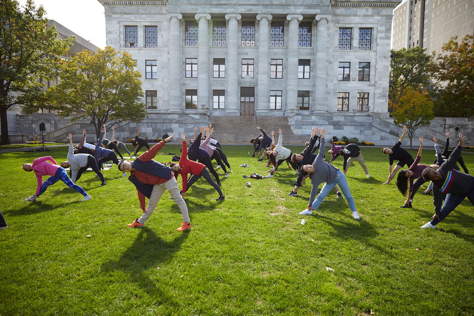 students doing yoga on green lawn.