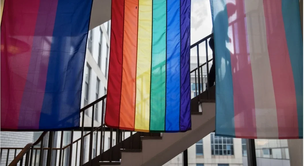 The bisexual, gay, and transgender pride flags hang in an atrium in front of a staircase. Light streams through the windows behind the flags, silhouetting a person climbing the stairs.