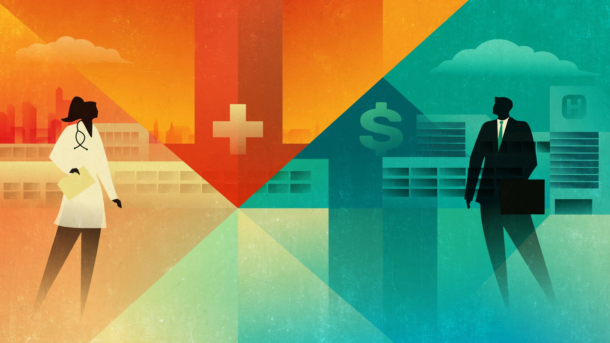 Illustration: A female healthcare practitioner, left, and a businessman, right, face off in an illustration describing relationship between fall care and rising costs.