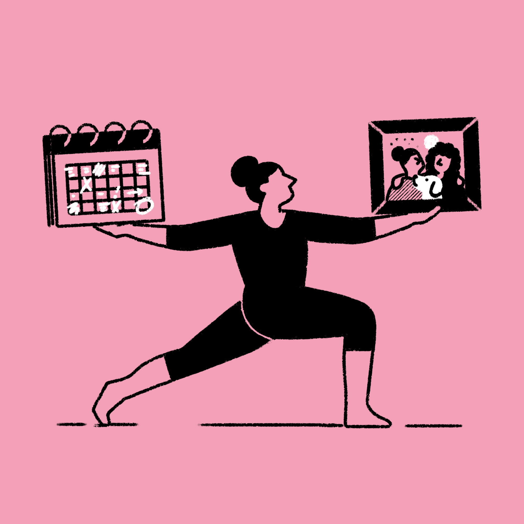 Cartoon Illustration of woman doing a yoga pose holding a portrait of her family in one hand, a calendar in the other on a pink background