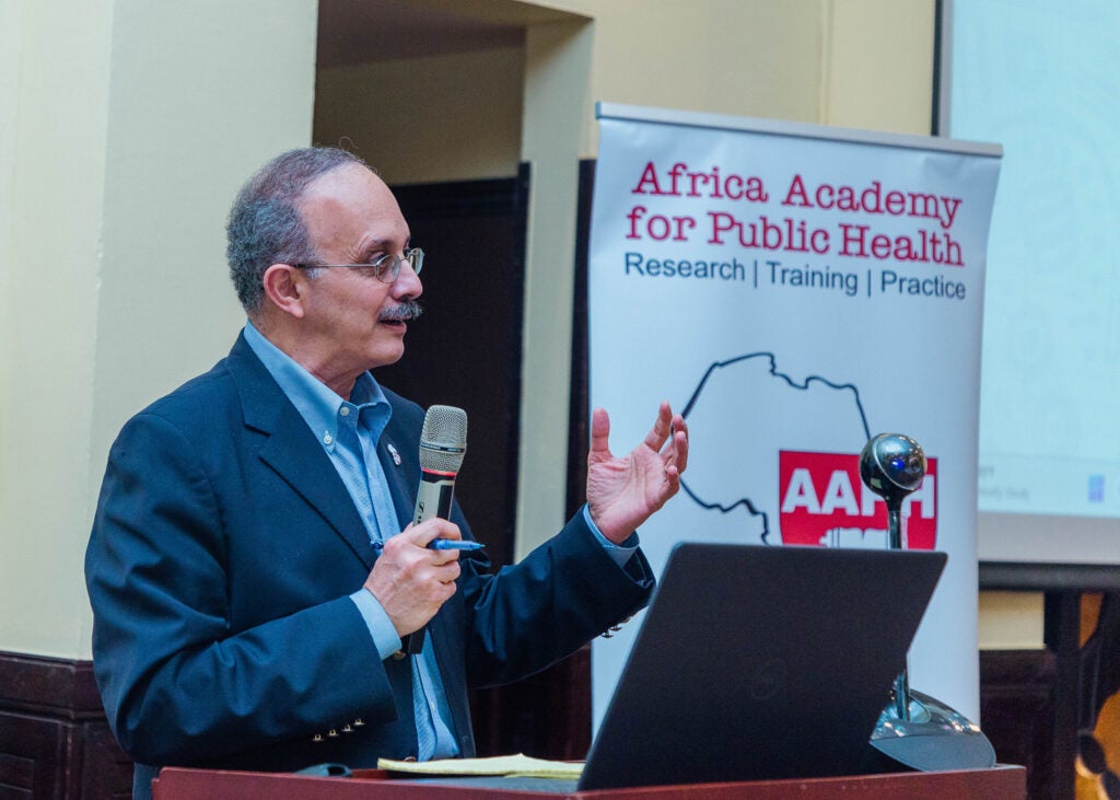 Prof. Wafaie Fawzi speaking at the ARISE Network annual meeting in Dar es Salaam, Tanzania, held in January 2025.