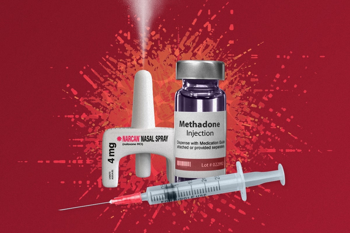 Narcan nasal spray, methadone, and an injection needle