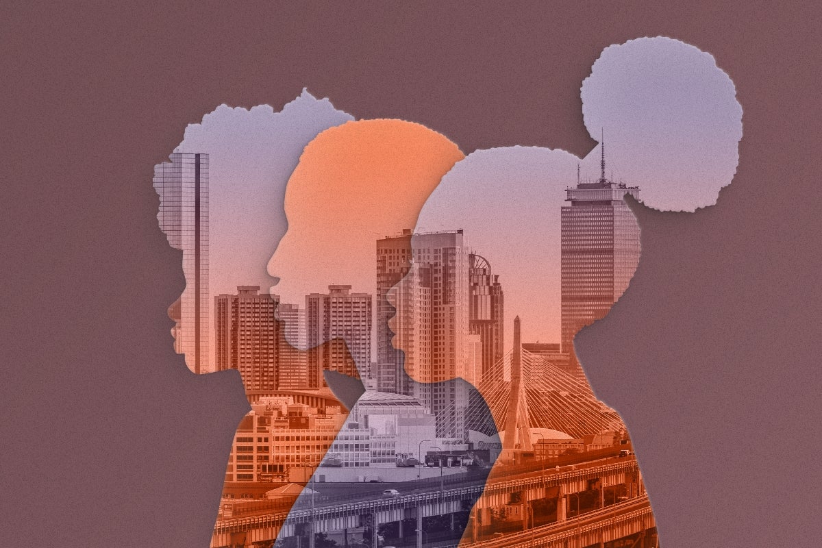 Profiles of three women with the Boston skyline