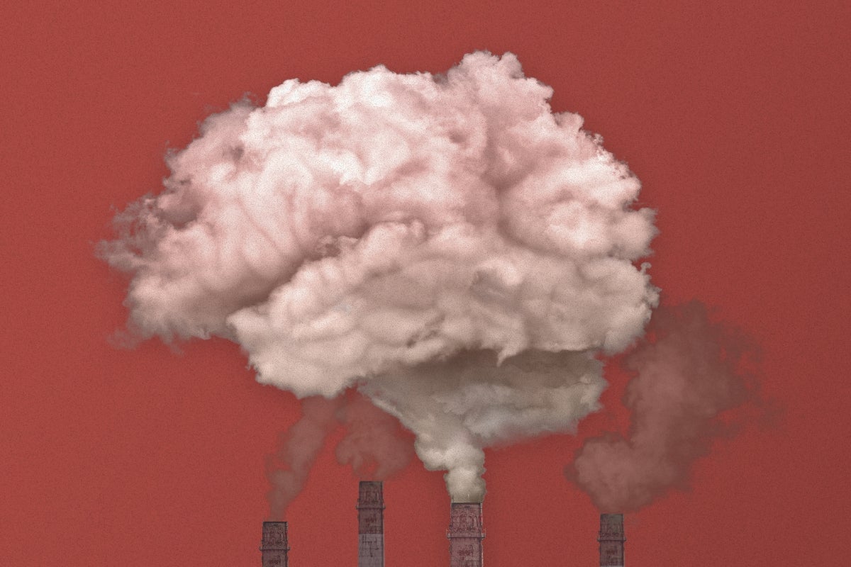 Smoke rising from four smokestacks to form an outline of a brain