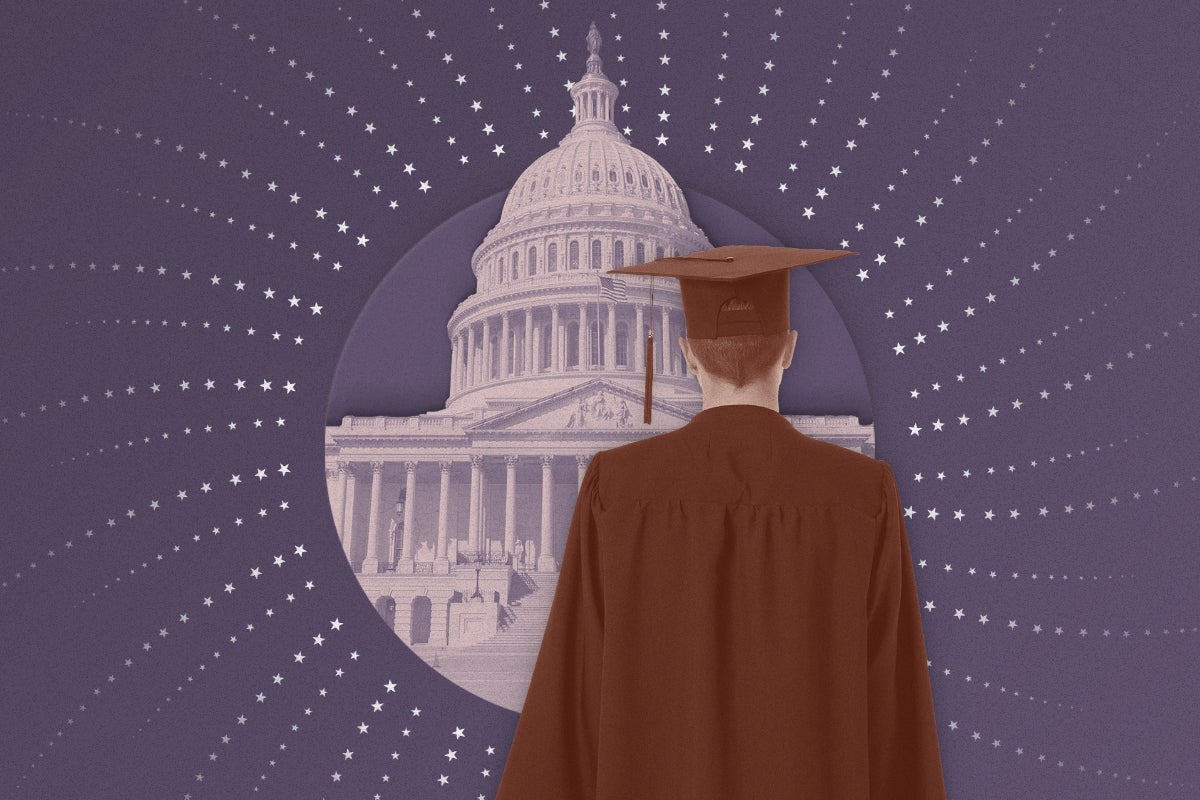 Graduate in cap in gown facing the U.S. Capitol building