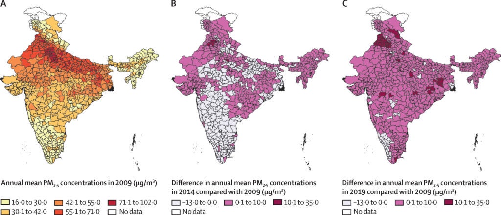 Map of India showing color-coded (A) Annual mean concentrations of PM2·5 in 2009. (B) Differences in annual concentrations in 2014 compared with 2009. (C) Differences in annual concentrations in 2019 compared with 2009.