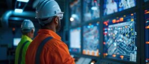 Two Engineers wearing hard hats and orange high visibility clothing in Control Room Managing Complex Systems