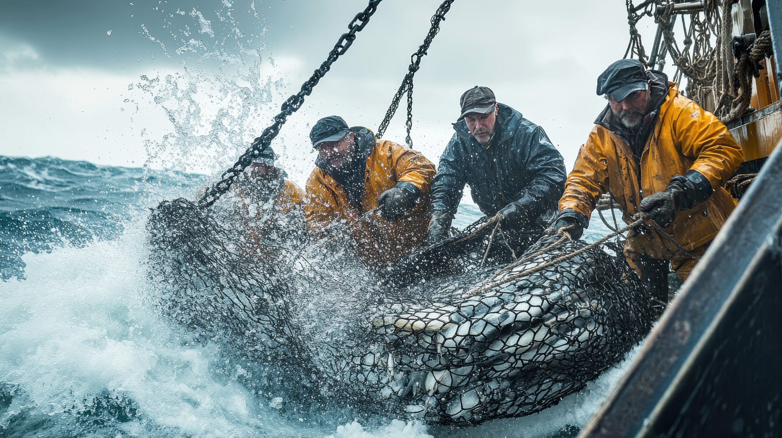 A group of multi-ethnic fishermen in their 40s working together to haul in a large catch while battling rough sea conditions.