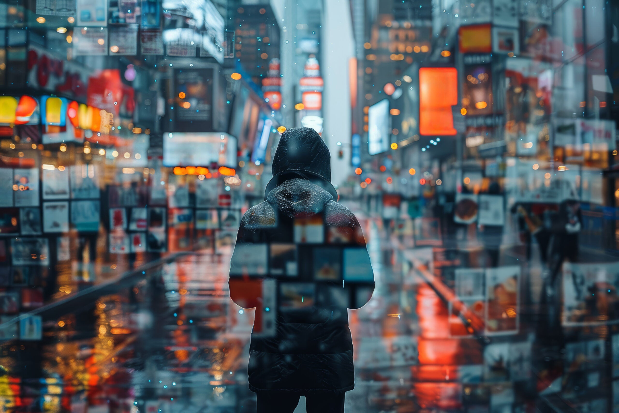 Photo of the back of someone in a hoodie in Times Square on a rainy day with various screens superimposed on it.